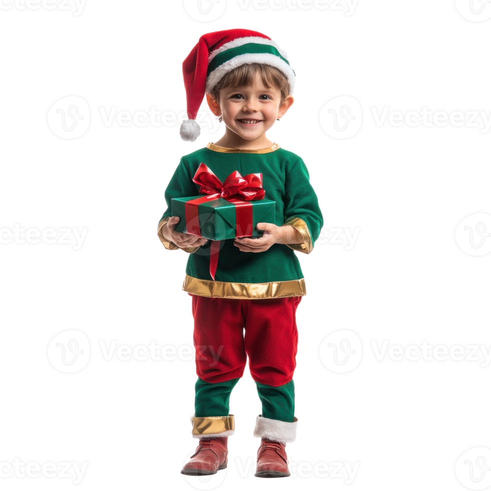 Smiling little boy wear christmas elf costume holding gift box side view isolate on transparent background png