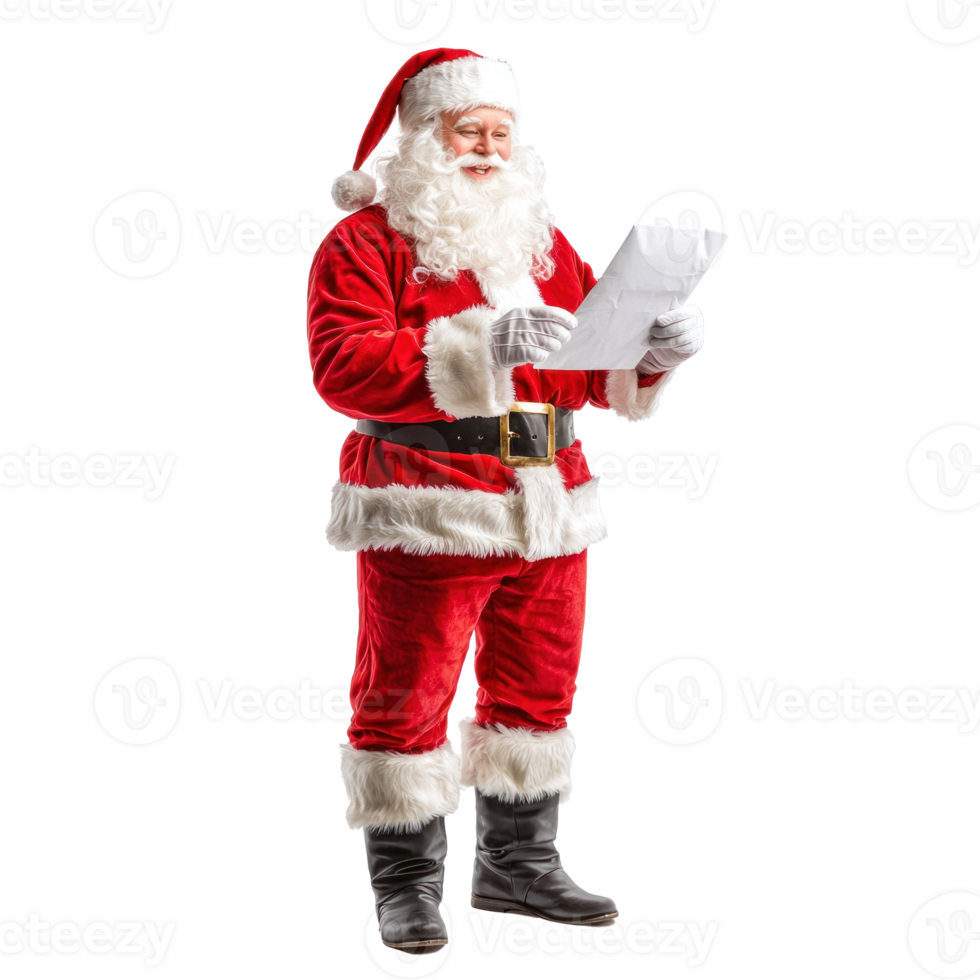 Smiling Santa Claus reading letter, standing front view isolate on transparent background png
