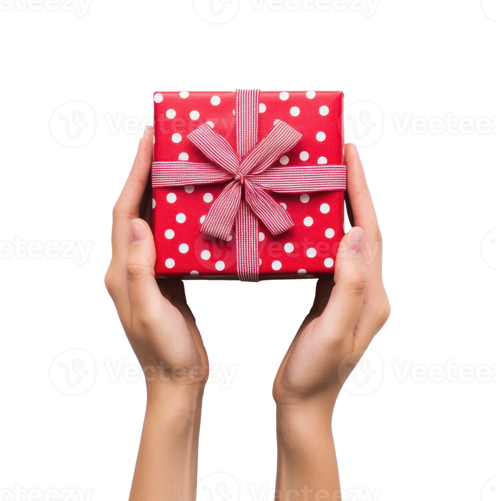 Hand holding red gift box isolate on transparent background png