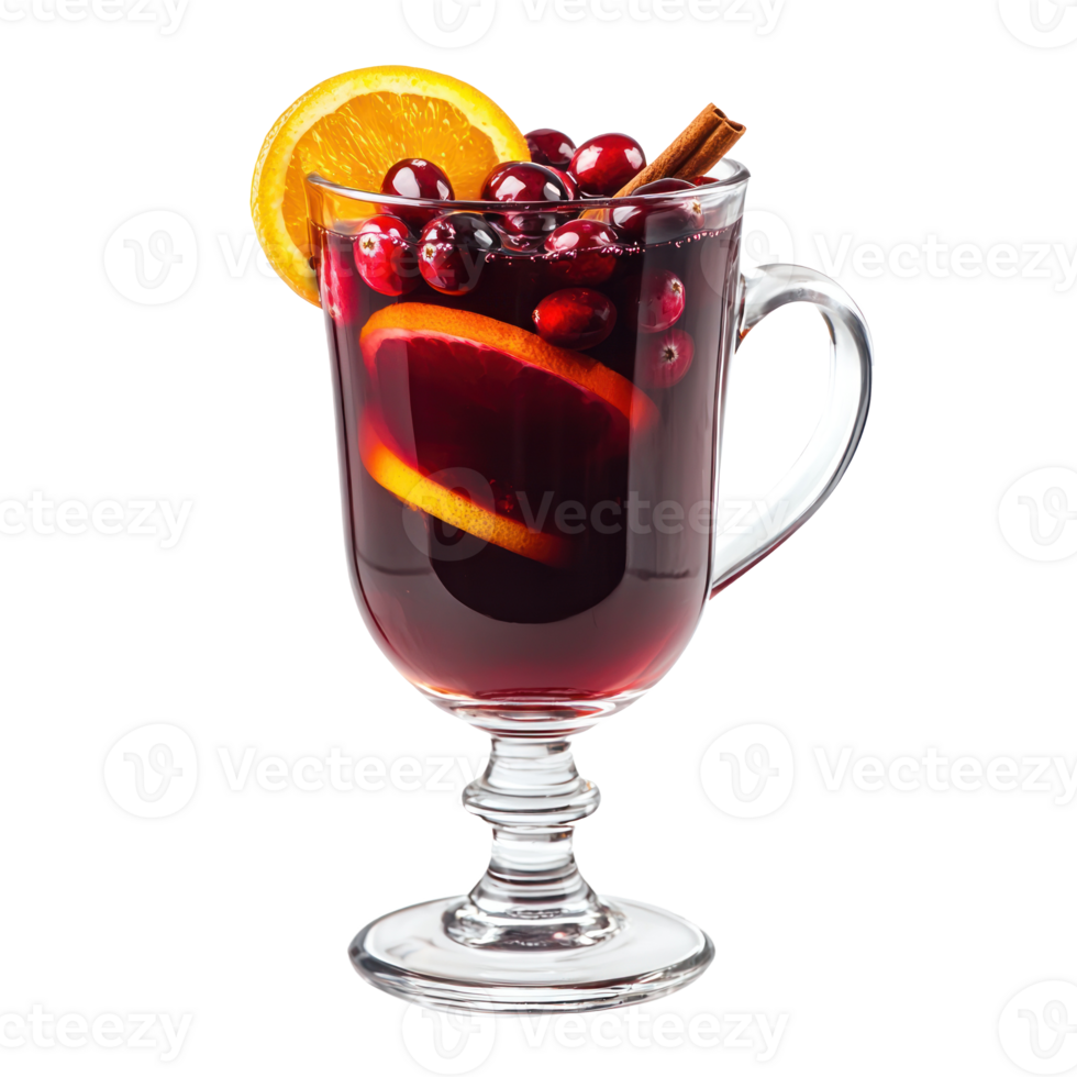 glass of mulled wine with cut orange, cranberries and different spices front view isolate on transparent background png