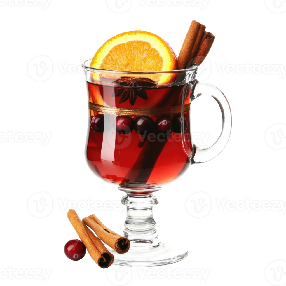 glass of mulled wine with cut orange, cranberries and different spices front view isolate on transparent background png