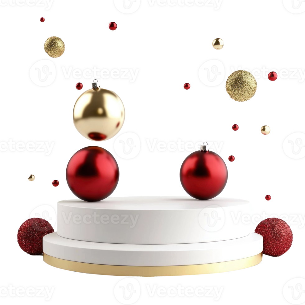 Empty White podium with shiny baubles gold and red decoration isolate on transparent background png