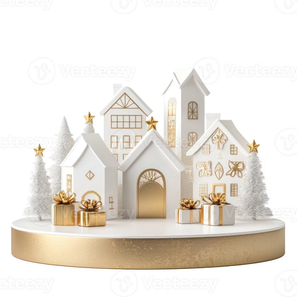White and gold Christmas podium with white wood houses and gold presents isolate on transparent background png