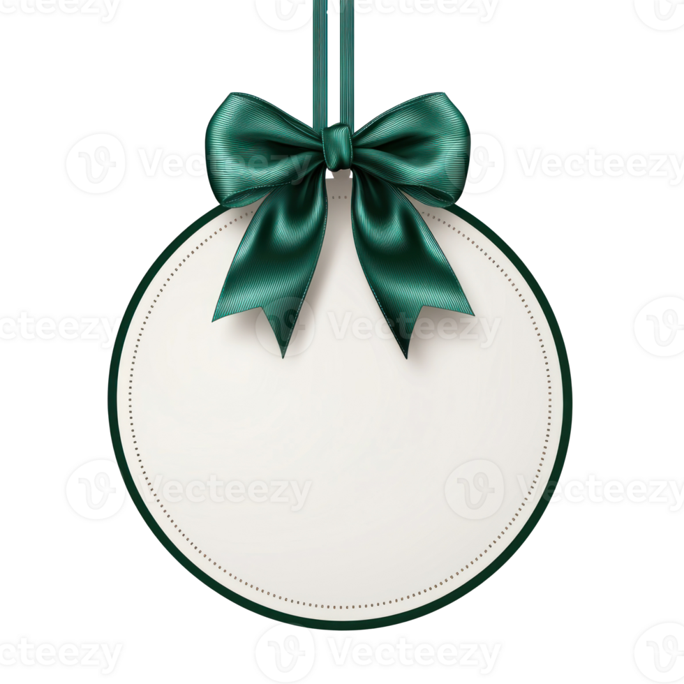 Round Christmas sale tag with green ribbon and bow hanging isolate on transparent background png