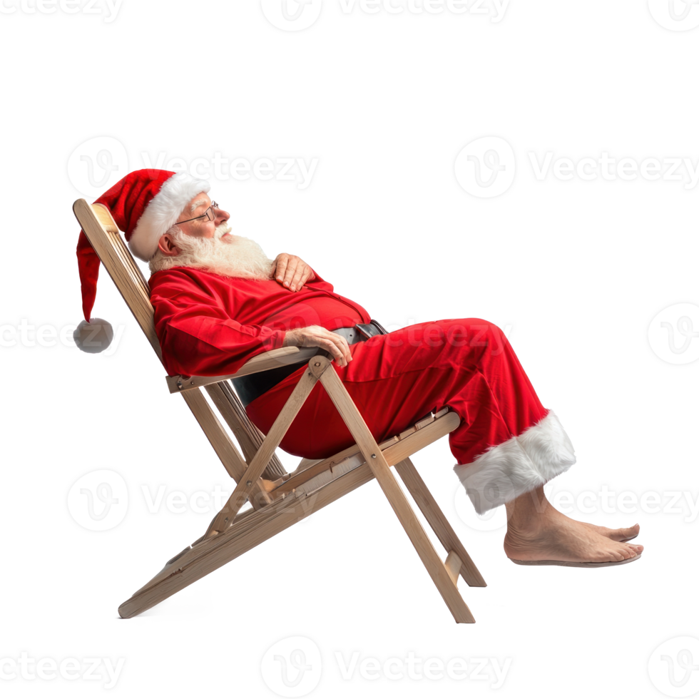 Santa Claus relaxing on beach chair side view isolate on transparent background png