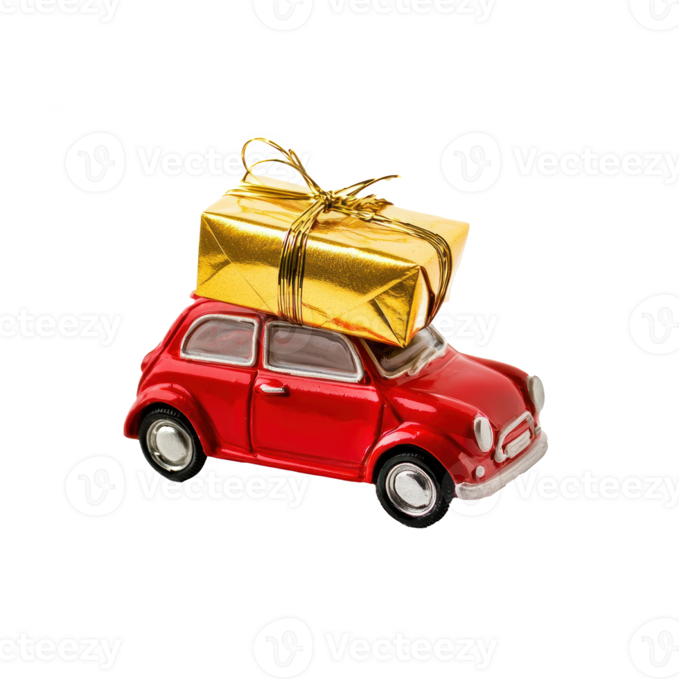 Christmas gold present tied up on mini red car, miniature style isolate on transparent background png