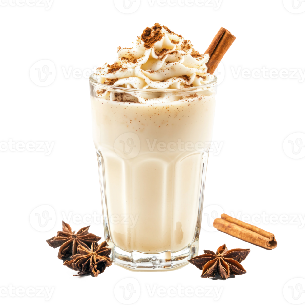 A glass of eggnog with whipped cream and cinnamon isolate on transparent background png