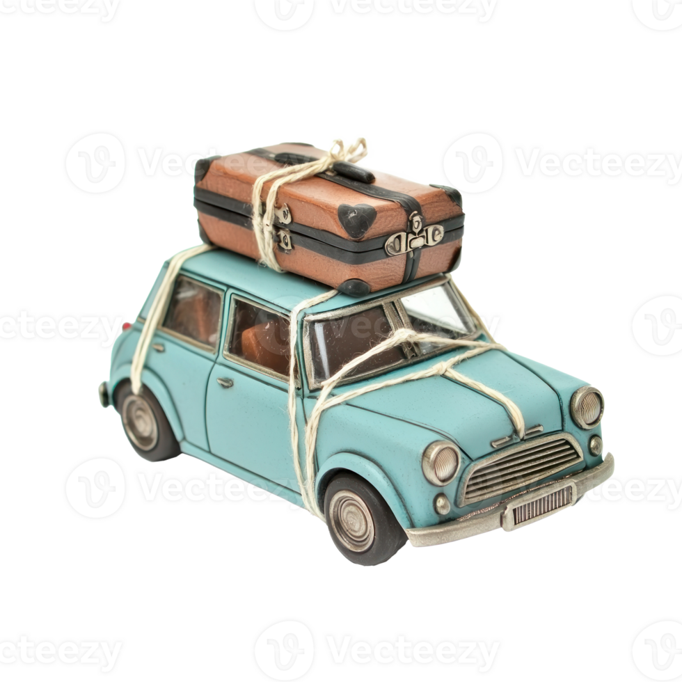 travel suitcase tied up on mini car, miniature style isolate on transparent background png