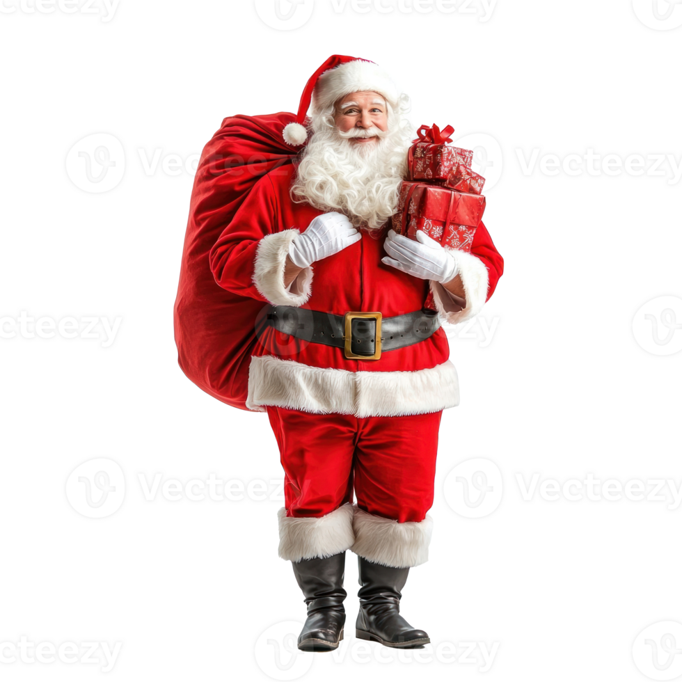 santa bärande röd säck med gåvor på de axel, stående främre se isolera på transparent bakgrund png