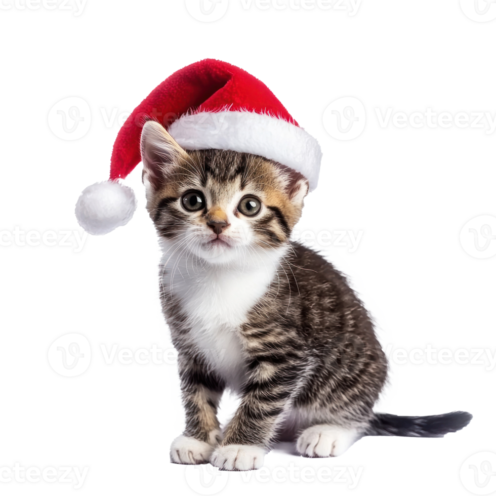Smiling Kitten in red Santa hat full length isolate on transparent background png