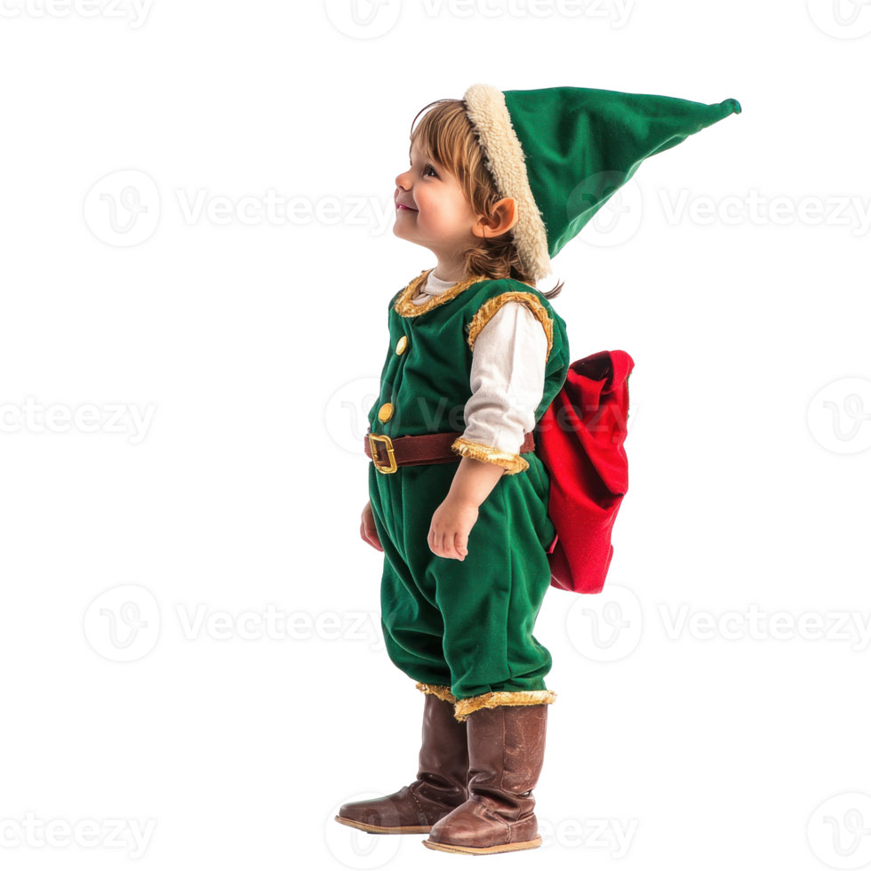 Funny little child wear christmas elf costume side view isolate on transparent background png