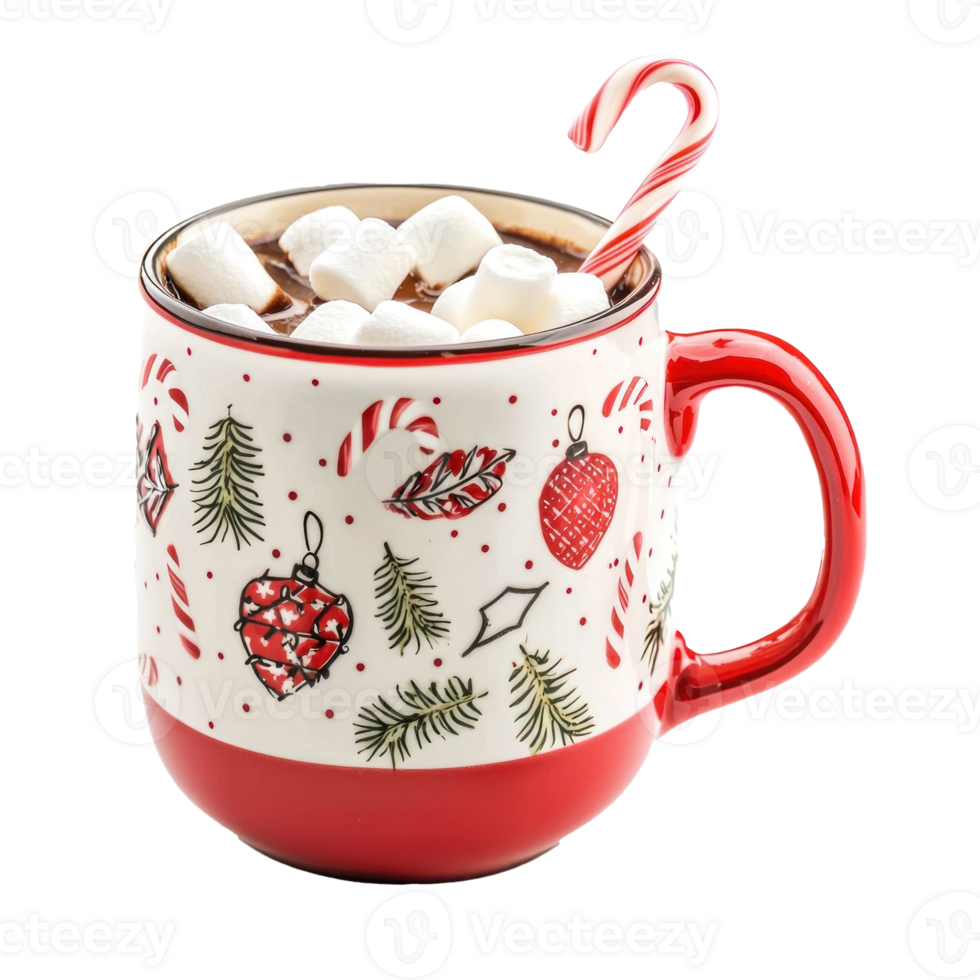 Red Hot chocolate mug with candy cane and marshmallows and christmas decoration isolate on transparent background png