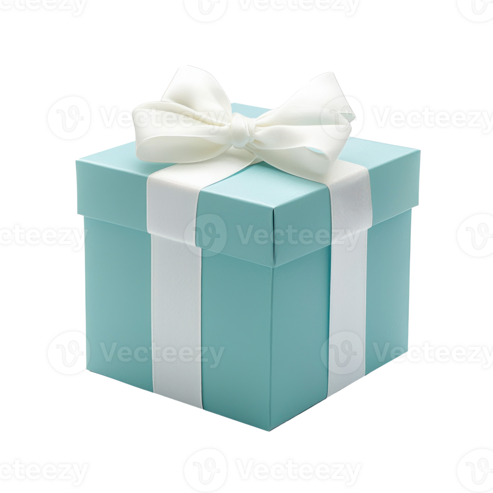 Blue gift box with white ribbon and bow front view isolate on transparent background png