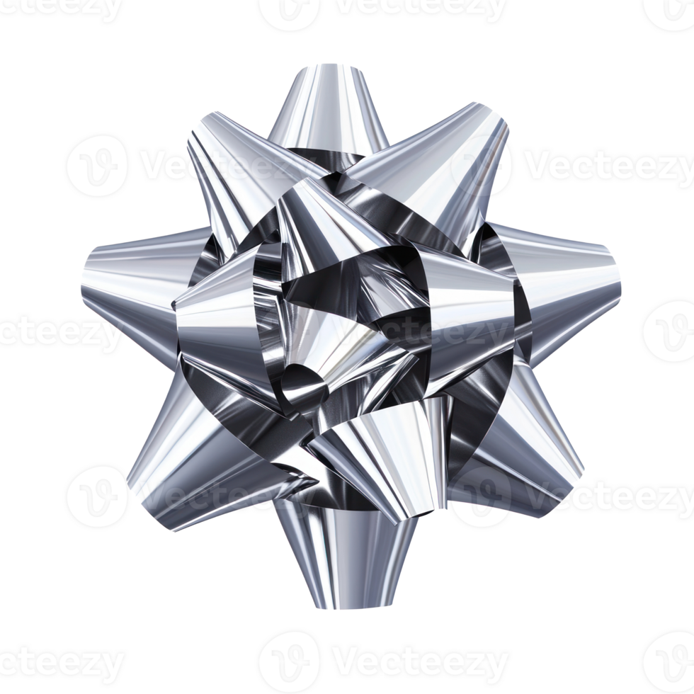 Silver gift's bow and ribbon, 3D realistic isolate on transparent background png