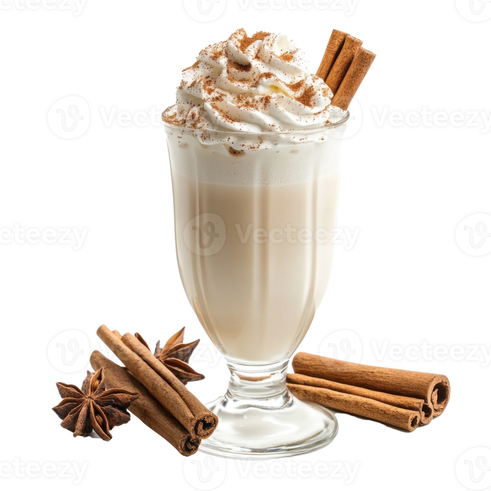 A glass of eggnog with whipped cream and cinnamon isolate on transparent background png