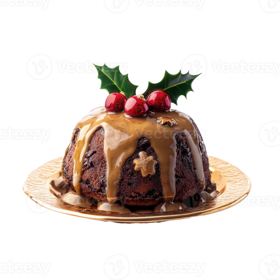 Christmas pudding with decorations items front view isolate on transparent background png