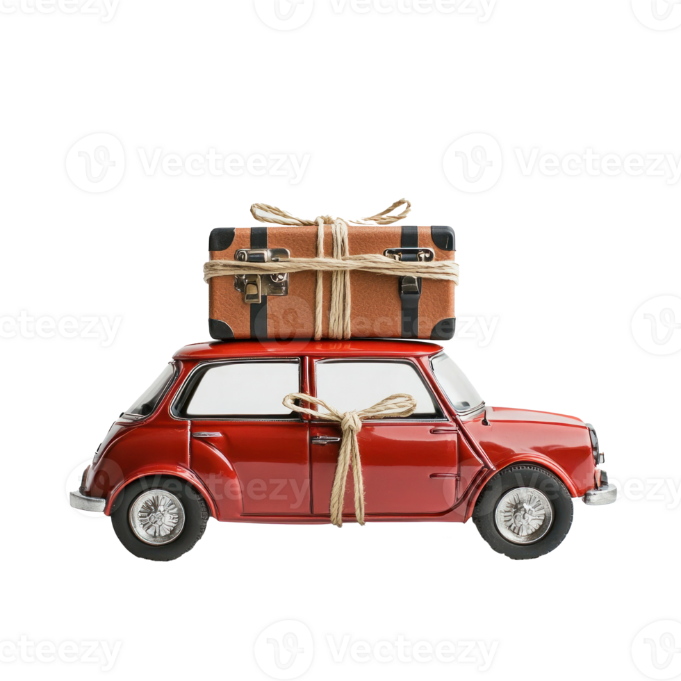 travel suitcase tied up on mini red car, miniature style isolate on transparent background png