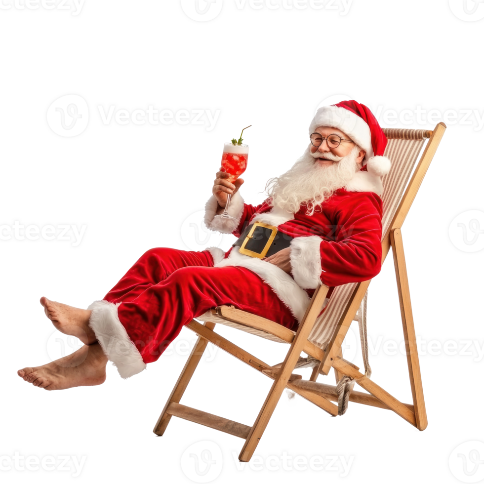 Santa Claus relaxing on deckchair holding cocktail side view isolate on transparent background png