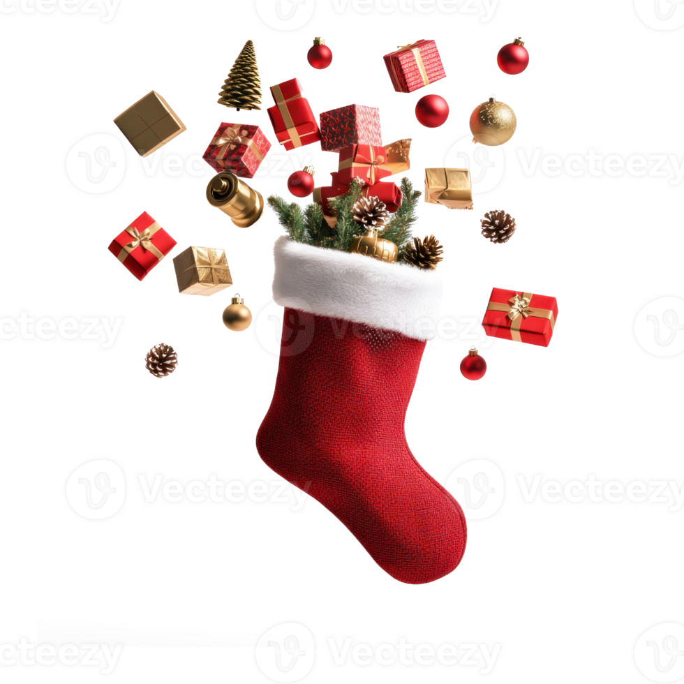 Gifts and decoration items falling into Red Christmas stocking floating isolate on transparent background png