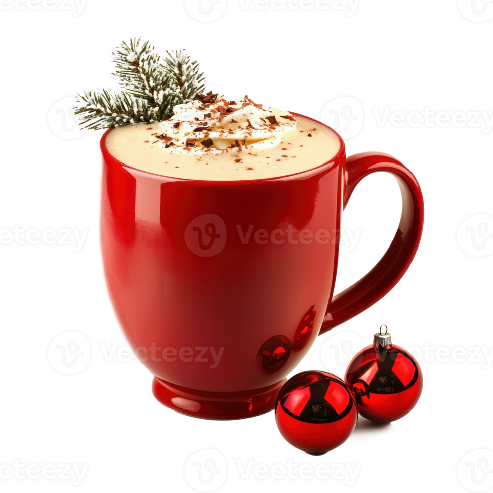 Red mug of eggnog cocktail with christmas decoration front view isolate on transparent background png