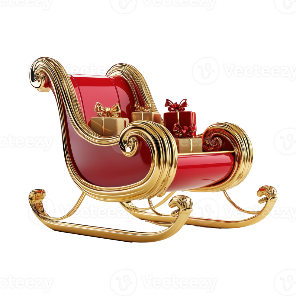 Red and gold Sleigh with presents 3D redner side view isolate on transparent background png