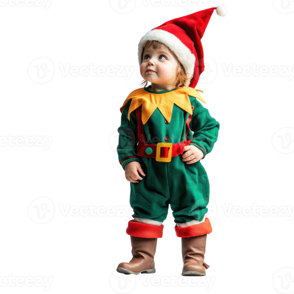 Funny little child wear christmas elf costume side view isolate on transparent background png