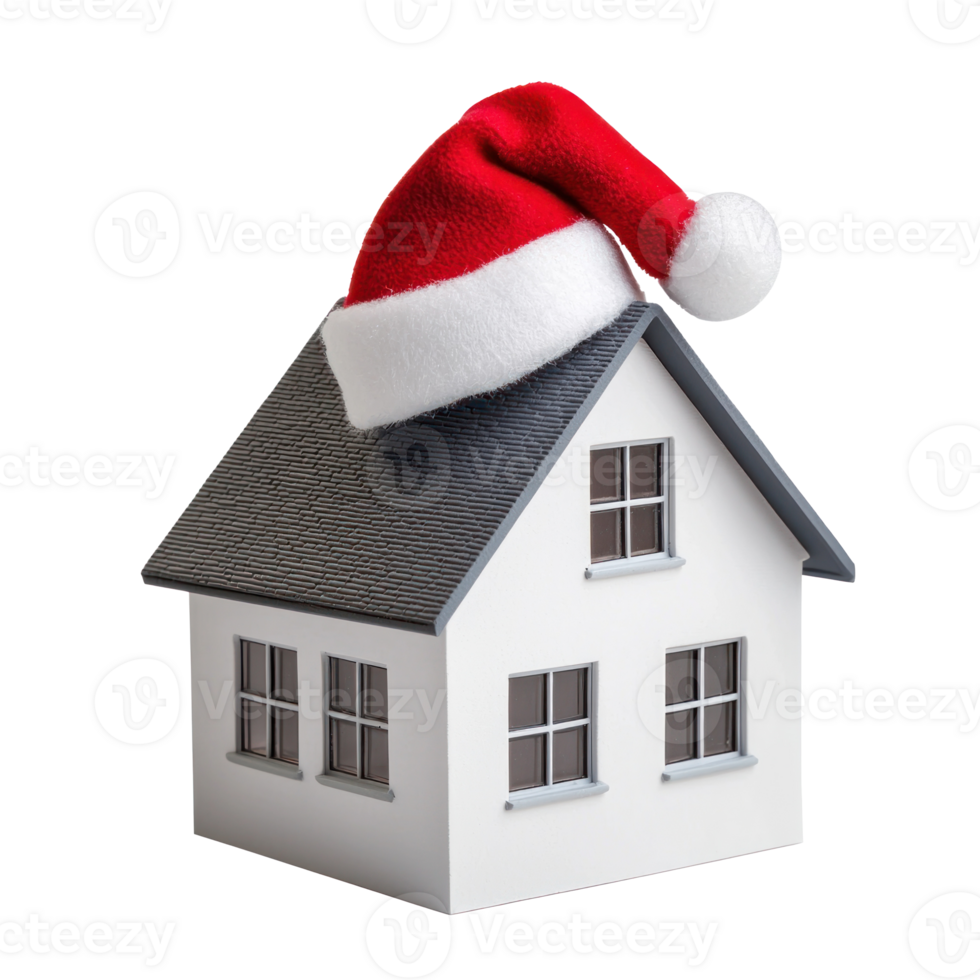 Modern Mini model house with Santa Claus's hat on top isolate on transparent background png