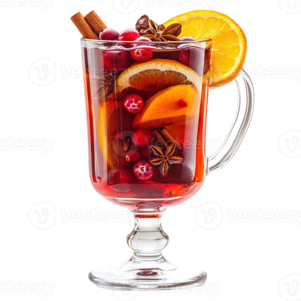 glass of mulled wine with cut orange, cranberries and different spices front view isolate on transparent background png