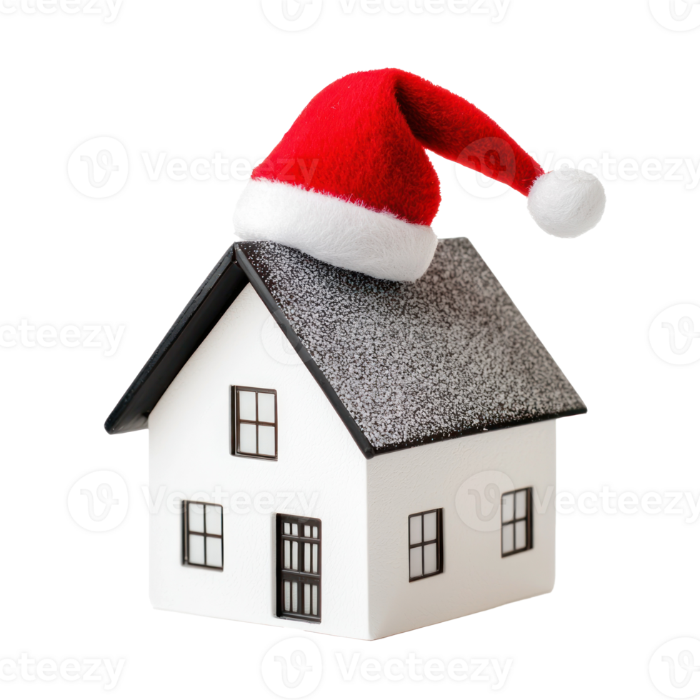 Modern Mini model house with Santa Claus's hat on top isolate on transparent background png
