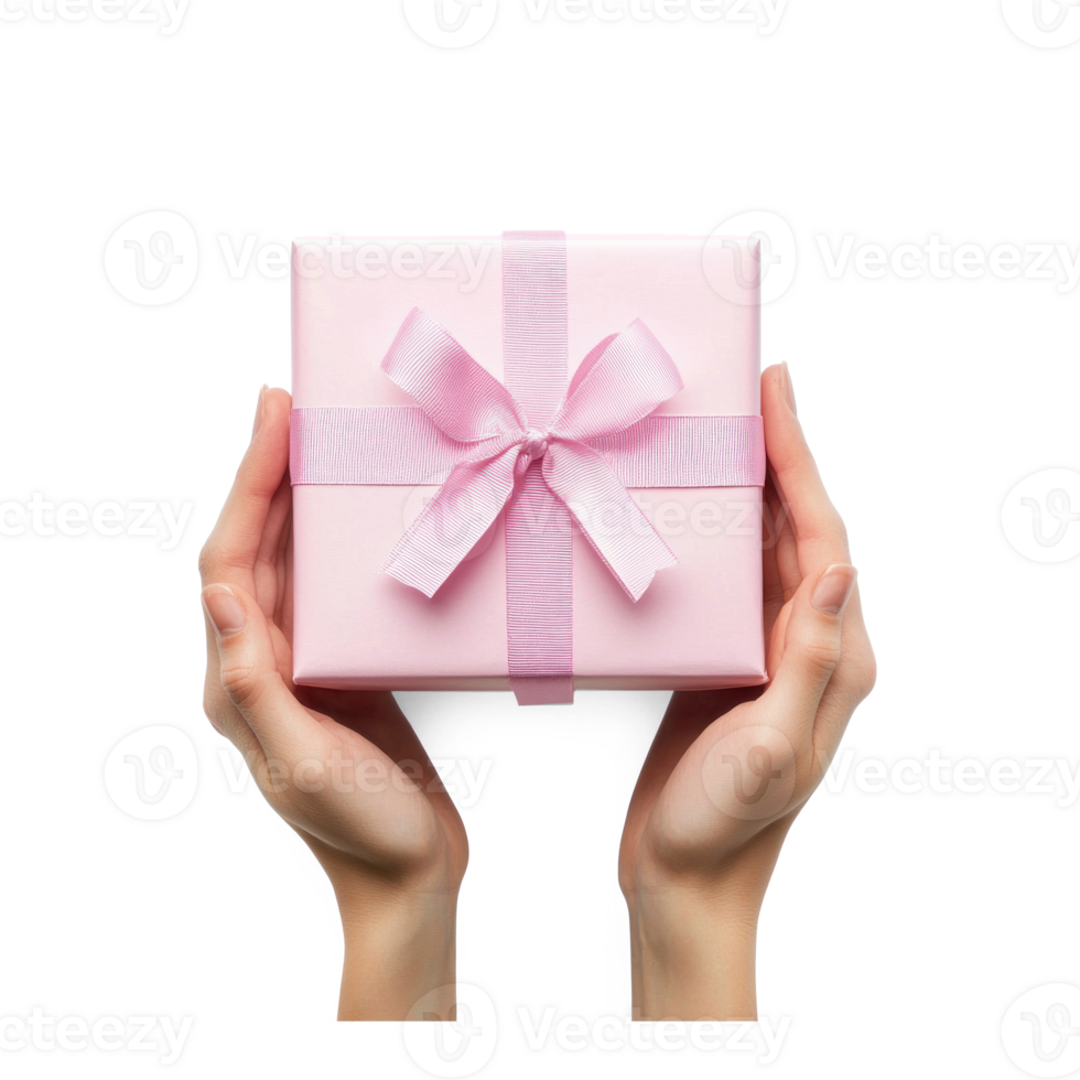 Hands hoding pink gift box top view isolate on transparent background png