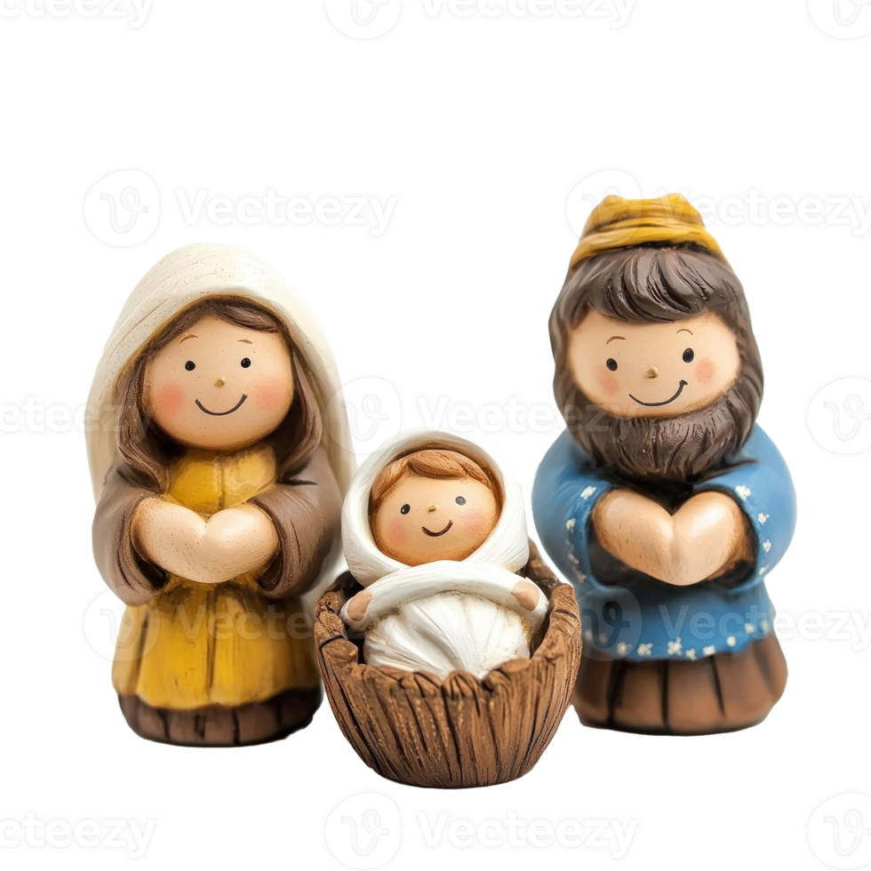 Christmas figurines of Joseph, Mary, and the baby Christ child in a manger front view isolate on transparent background png