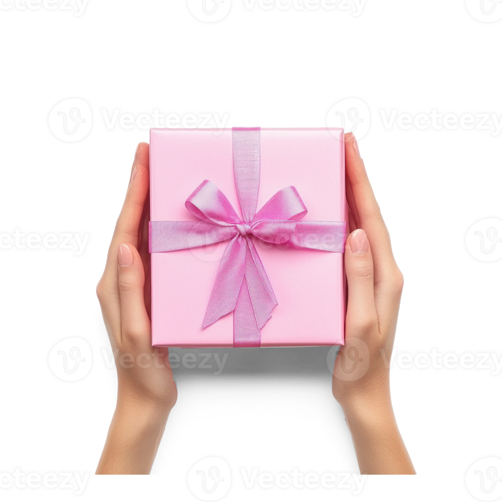 Hands hoding pink gift box top view isolate on transparent background png