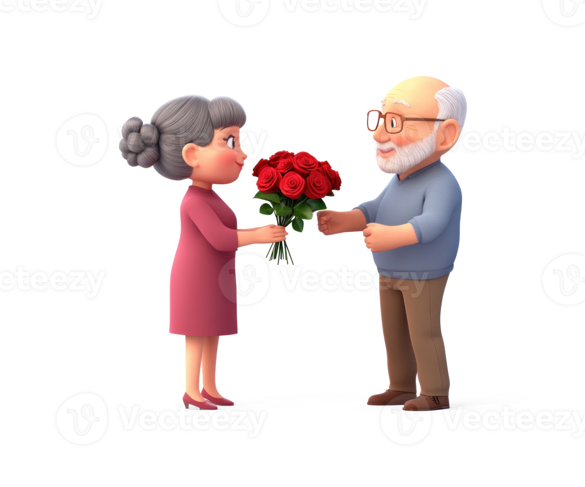 A senior man giving a bouquet of red roses to his wife 3D icon cartoon isolate png