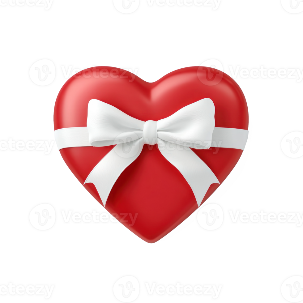 Red gift box heart shape with white ribbon and bow 3D icon isolate png