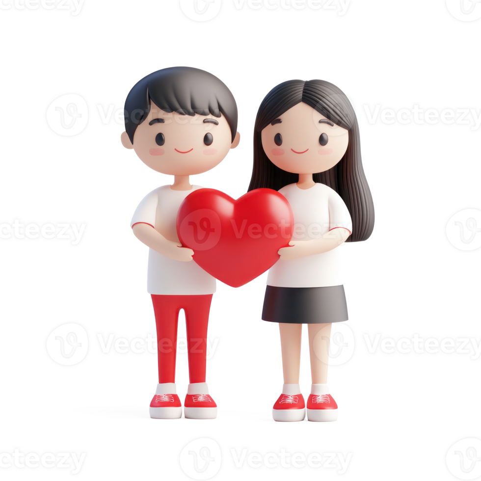 Young couple holding red heart, Valentine concept 3D icon isolate png