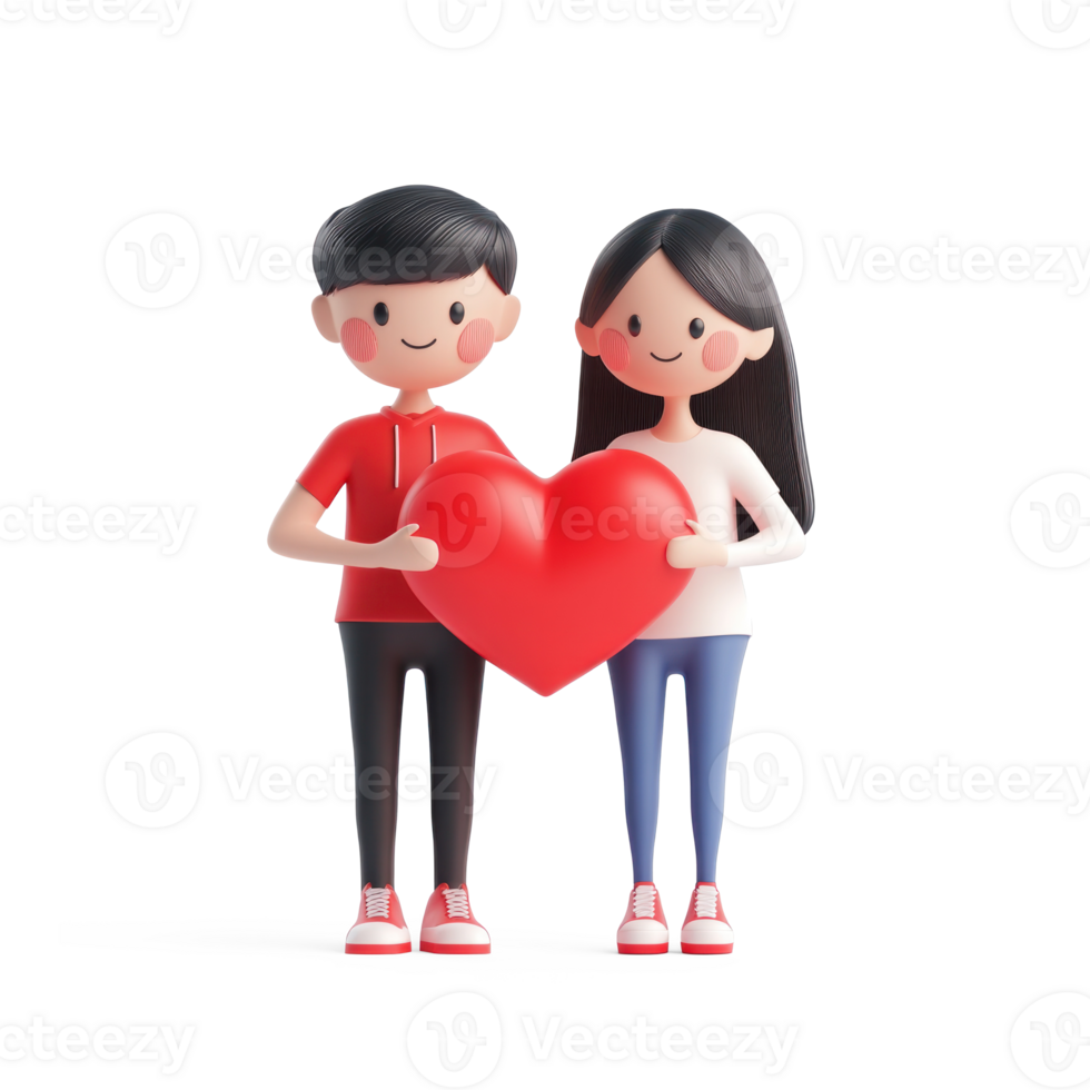 Young couple holding red heart, Valentine concept 3D icon isolate png