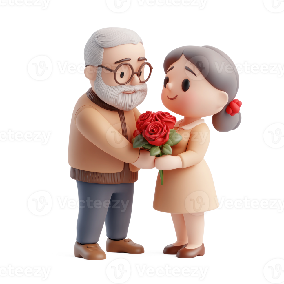 A senior man giving a bouquet of red roses to his wife 3D icon cartoon isolate png