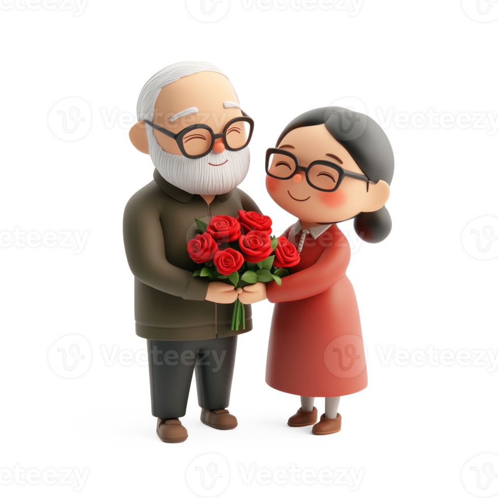 A senior man giving a bouquet of red roses to his wife 3D icon isolate png