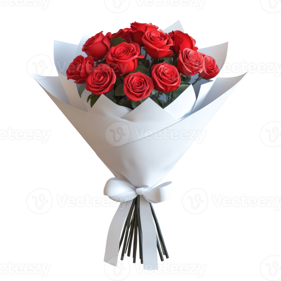 A bouquet of red roses wrapped in white smooth paper with white ribbon 3D icon cartoon isolate png