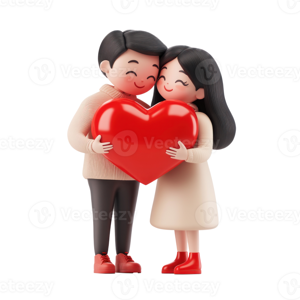 Young couple hugging while holding red heart, Valentine concept 3D icon isolate png