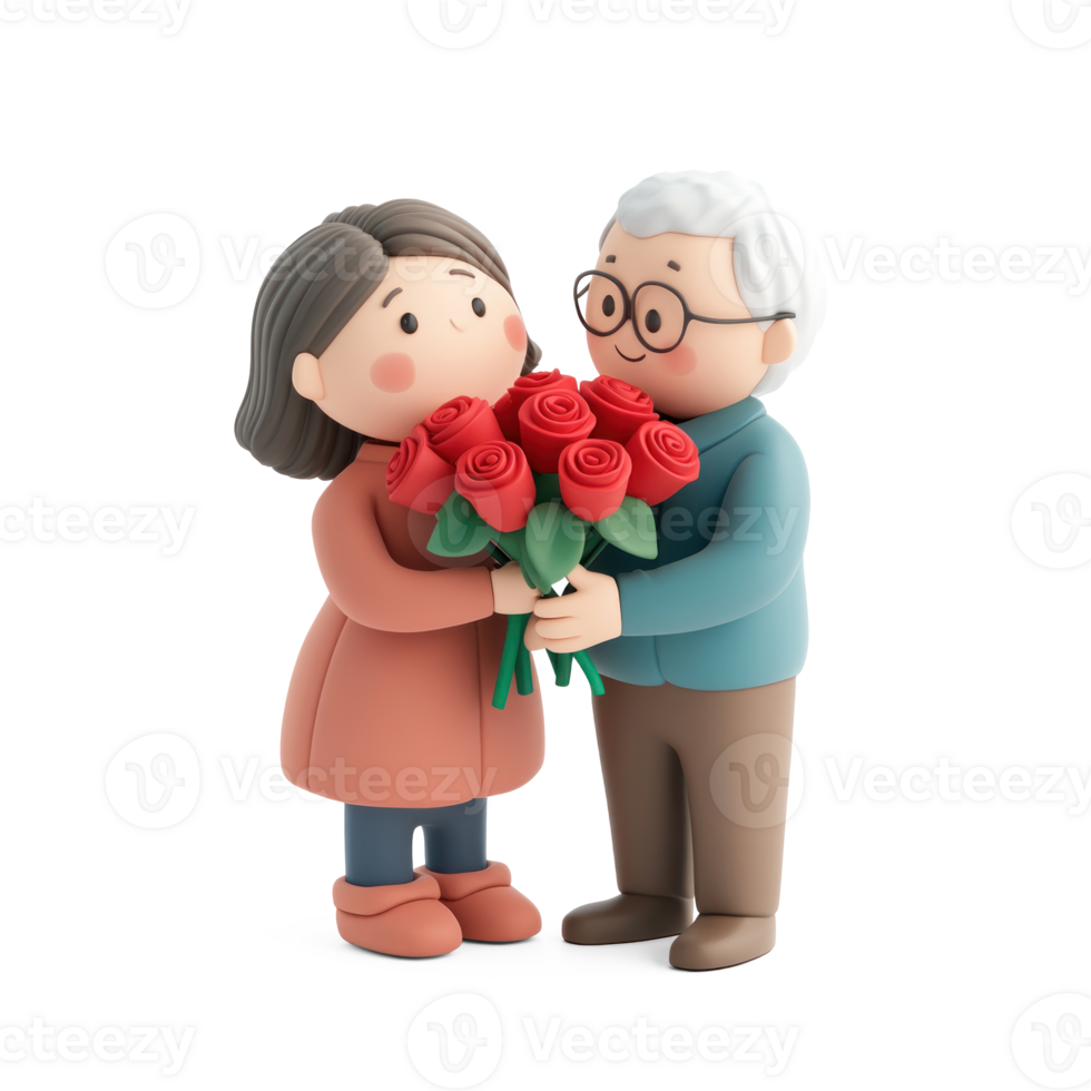 A senior man giving a bouquet of red roses to his wife 3D icon isolate png