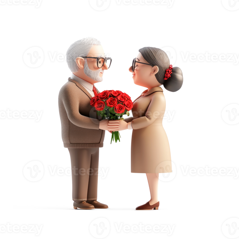 A senior man giving a bouquet of red roses to his wife 3D icon isolate png