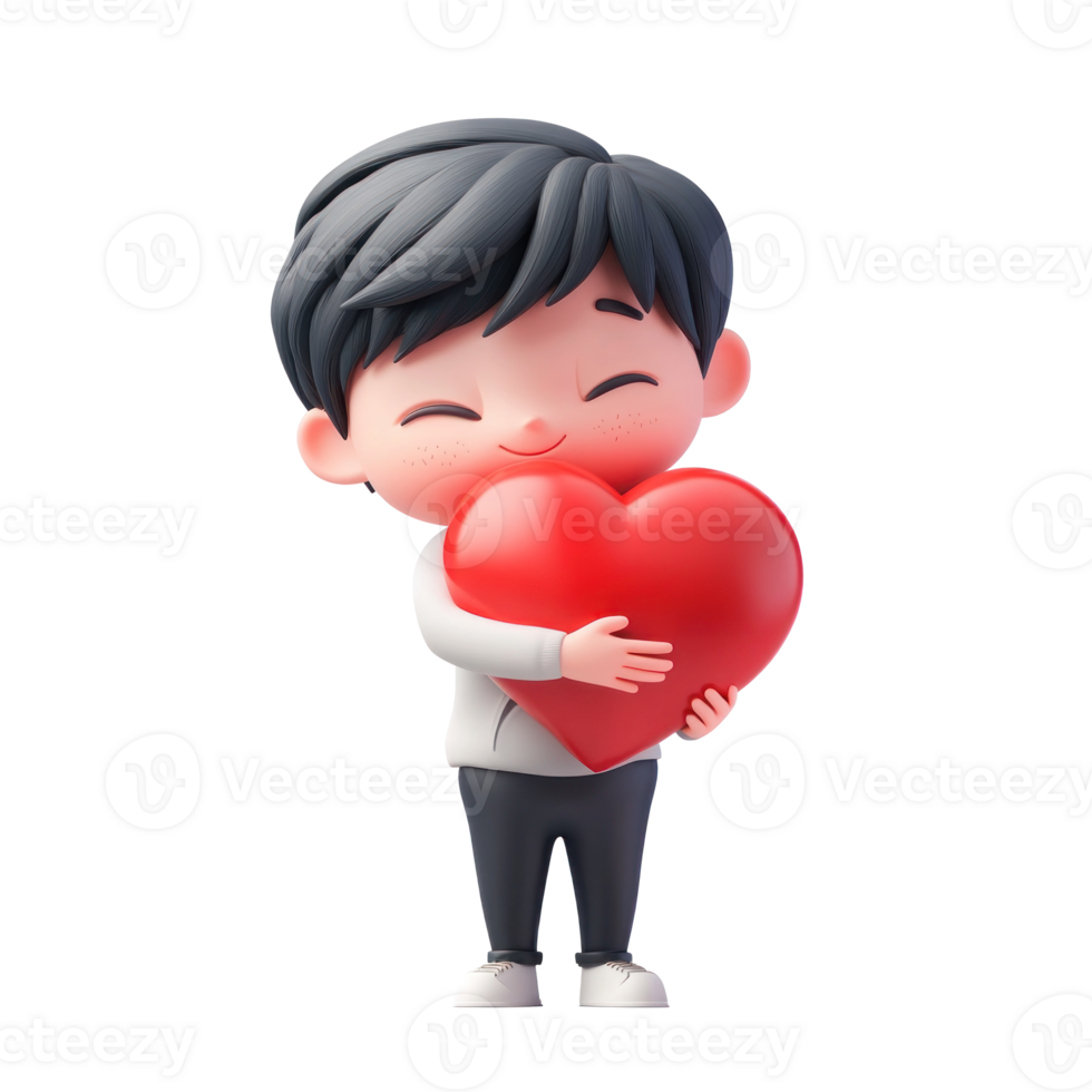 Little boy hugging red heart pillow 3D icon cartoon isolate png