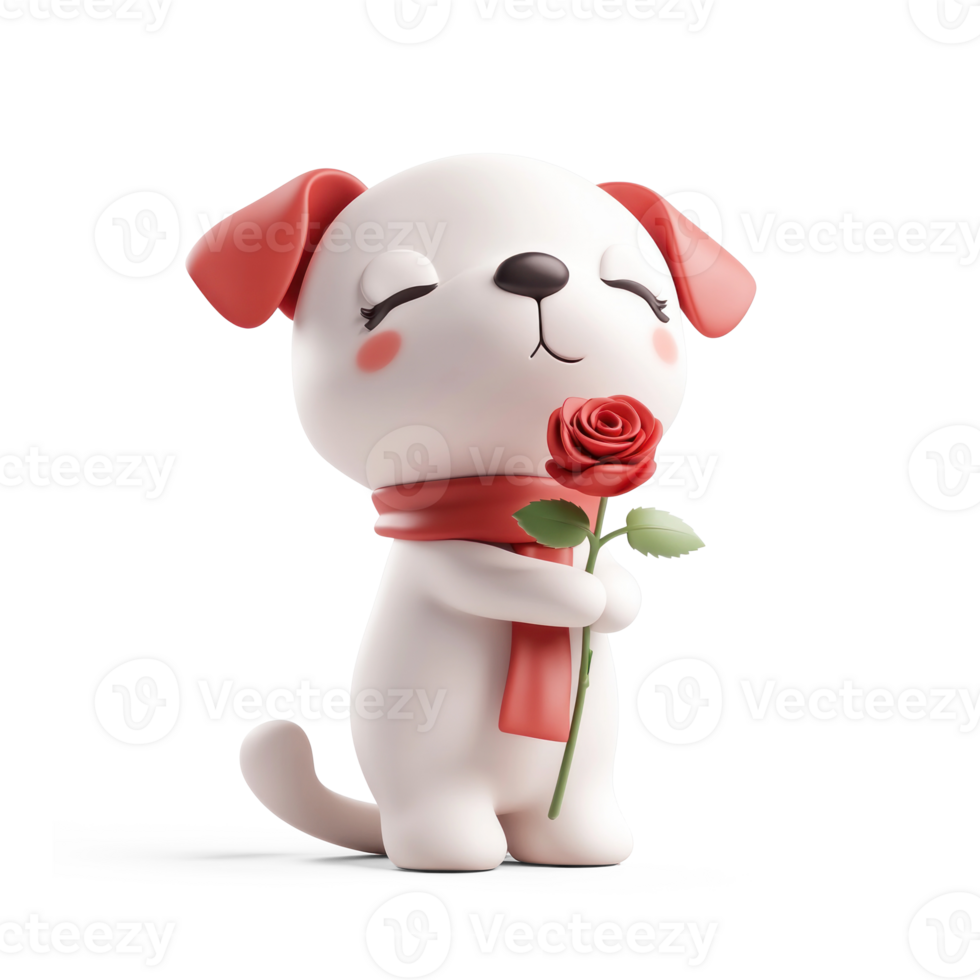 Cute Dog holding a red rose in his mouth 3D icon cartoon isolate png