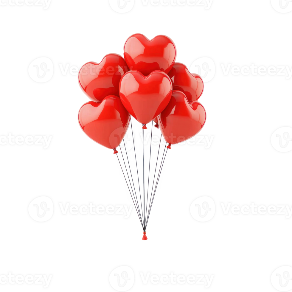 Bunch of red heart shape flying balloons 3D icon cartoon isolate png