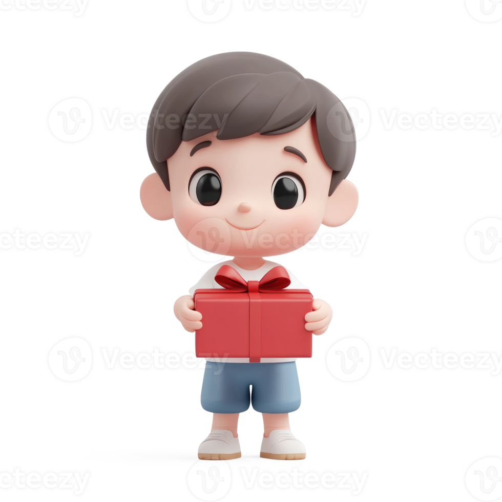 Little boy holding red gift box 3D icon cartoon isolate png