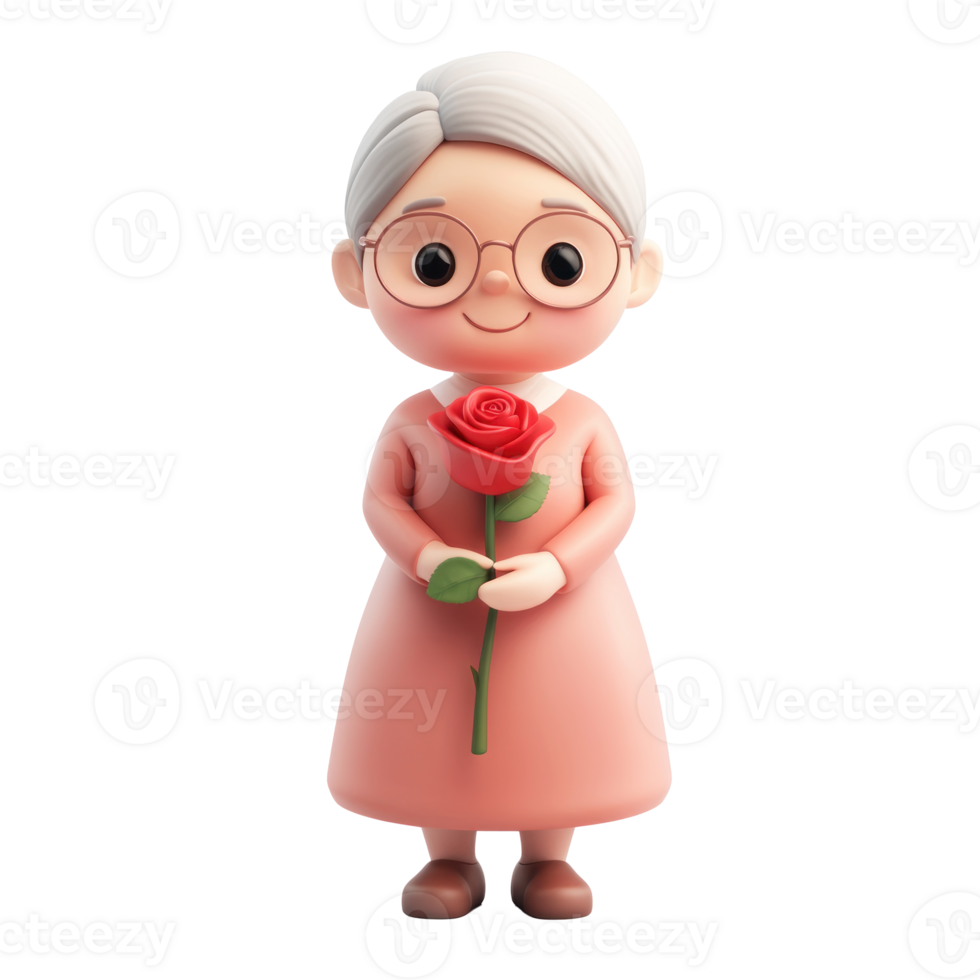 Old woman holding red rose 3D icon cartoon isolate png