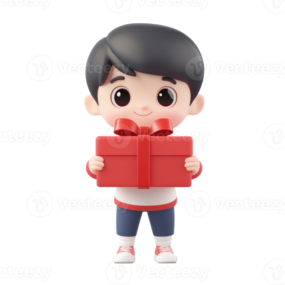 Little boy holding red gift box 3D icon cartoon isolate png