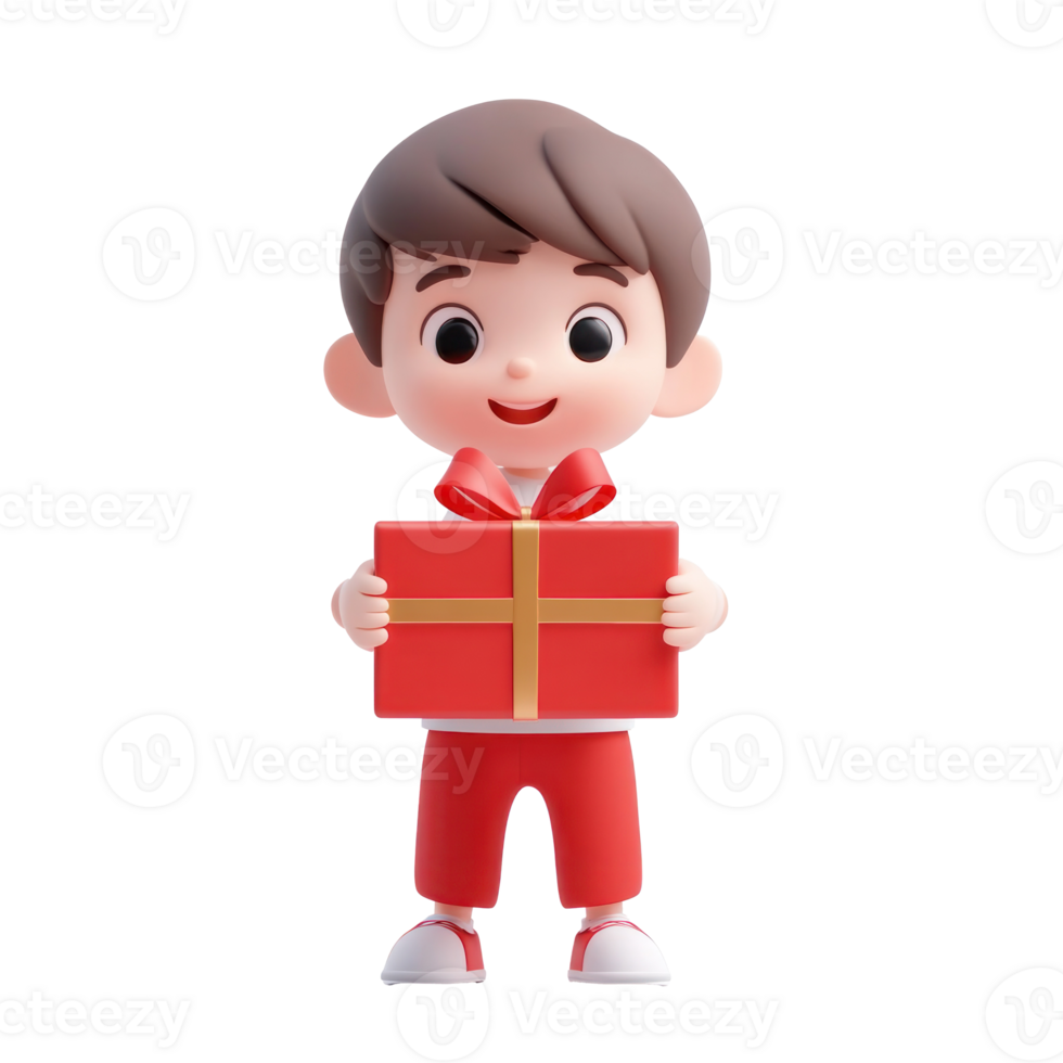 Little boy holding red gift box 3D icon cartoon isolate png