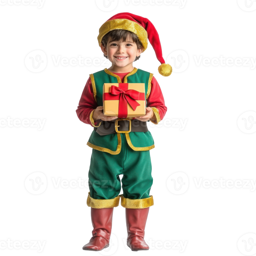 Smiling little boy wear christmas elf costume holding gift box front view isolate on transparent background png